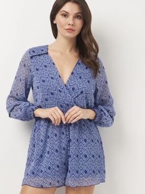 Zara Blue Patterned V-Neck Romper XL